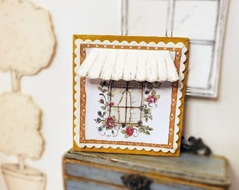Dollhouse Miniature, Flowers in a Window No.1, Handmade Wooden Framed Art