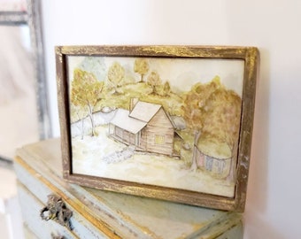 Dollhouse Miniature, Cabin in the Woods No.1:1, Handmade, Doll House Framed Print, Doll Wall Art, Shadow Box, Doll Decor, Modern Dollhouse