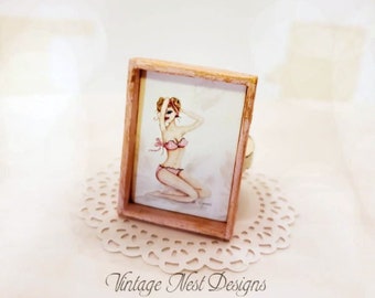 Dollhouse Miniature, Pin Up Girl No.1:1, Handmade Wooden Framed Art