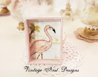 Dollhouse Miniature, Pink Flamingo No.1:3, Handmade Wooden Framed Art