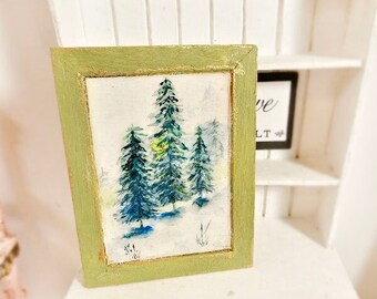 Dollhouse Miniature, Winter Pines No.1:6, Handmade Wooden Framed Art