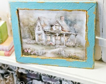 Dollhouse Miniature, Cottage Farmhouse No.18, Handmade Wooden Framed Art