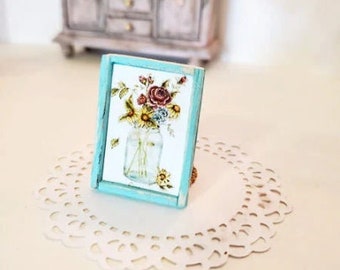 Dollhouse Miniature, Ball Jar of Flowers No.1:1, Handmade Wooden Framed Art