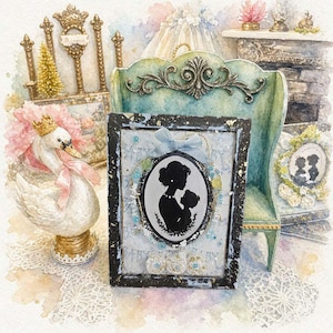 May include: A rectangular picture frame with a black distressed finish containing a central oval silhouette of a parent and child. The frame is decorated with a light blue ribbon, small beads, and floral accents, set against a watercolor background.