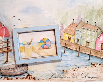 Dollhouse Miniature, Beach Scenes No.1:1, Handmade Wooden Framed Art