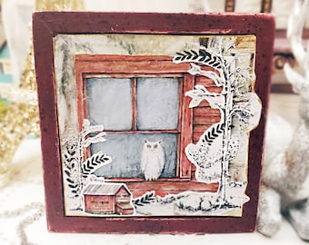 Dollhouse Miniature, Barn Owl No.1, Handmade Wooden Framed Art