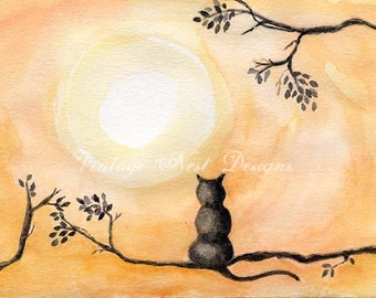 Digital Print, The Cat & the Moon No.2, Watercolor Painting