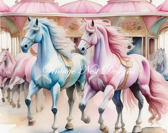 Digital Print, Carousel Horses No.1, Illustration