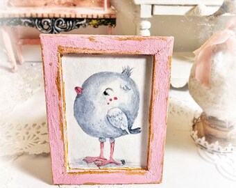 Dollhouse Miniature, Pink Tweet No.1:1, Handmade Wooden Framed Art