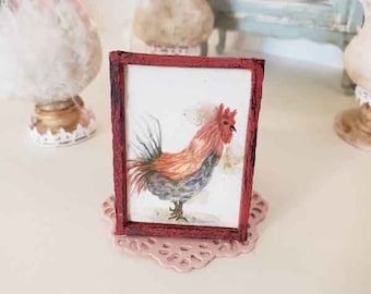 Dollhouse Miniature, Rooster No.3:1, Handmade Wooden Framed Art