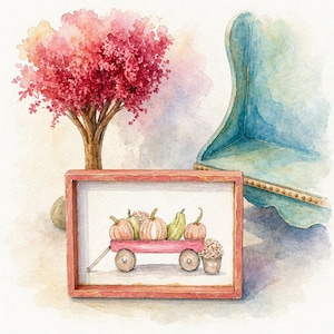 Puede incluir: Un marco rectangular de madera con acabado rojo desgastado que contiene una ilustración en acuarela de un vagón rosa lleno de varias calabazas y calabacines, situado cerca de un gran árbol de flores rosas y una silla azul.