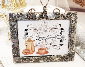 Dollhouse Miniature, Coffee Shop Graphic No.1:2, Handmade Metal and Wooden Framed Art