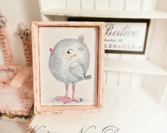 Dollhouse Miniature, Pink Tweet No.1:3, Handmade Wooden Framed Art