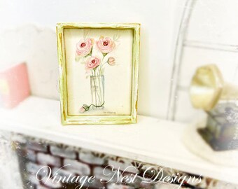 Dollhouse Miniature, Shabby Roses No.3:1, Handmade Wooden Framed Art