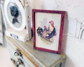 Dollhouse Miniature, Roosters No.2, Handmade Wooden Framed Art