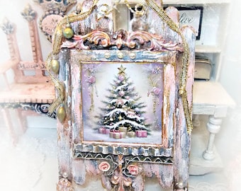 Miniature, Victorian Pink Christmas Tree No.1:1, Handmade Wooden Framed Art