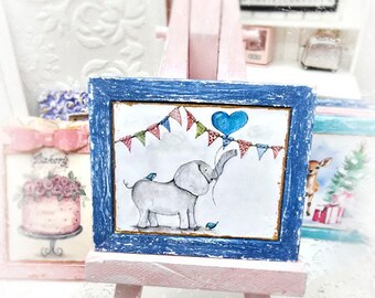 Dollhouse Miniature, Baby Elephant No.1:2, Handmade Wooden Framed Art