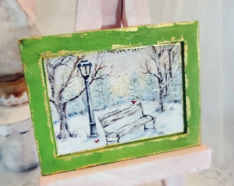 Dollhouse Miniature, Winter Park No.1:2, Handmade Wooden Framed Art