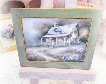Dollhouse Miniature, Cottage Farmhouse No.8, Handmade Wooden Framed Art