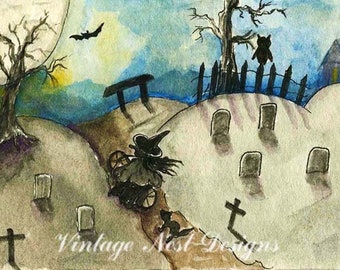 Digital Print, Witch in the Cemetery No.1, Watercolor Painting