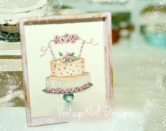 Dollhouse Miniature, Cake No.5:1, Handmade Wooden Framed Art