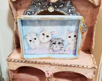 Dollhouse Miniature, Kittens No.5:2, Handmade Wooden Framed Art