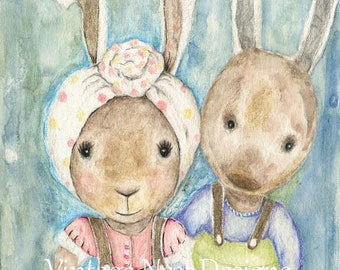Digital Print, Sweet Rabbits No.1, Watercolor Painting