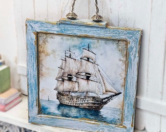 Dollhouse Miniature, Ship Sailing Away No.1:1, Handmade Wooden Framed Art