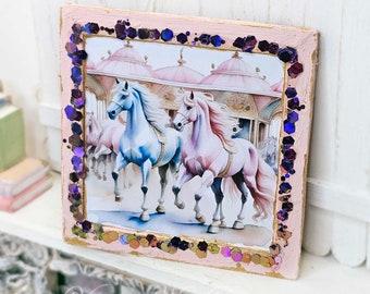 Dollhouse Miniature, Carousel Horses No.1:1, Handmade Wooden Framed Art