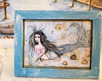 Dollhouse Miniature, Under the Sea Mermaid No.2:1, Handmade Wooden Framed art