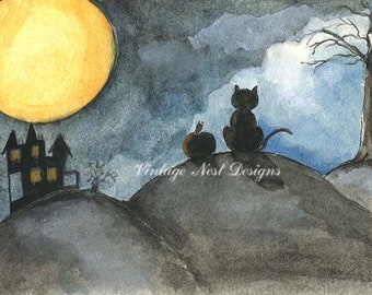 Digital Print, The Cat & the Moon No.1, Watercolor Painting