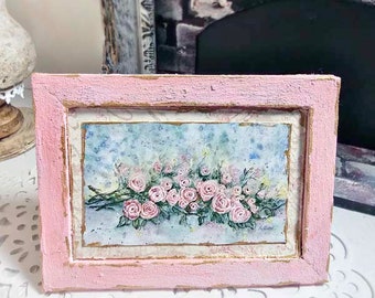 Dollhouse Miniature, Pink Roses No.2:4, Handmade Wooden Framed Art