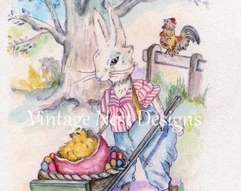 Digital Print, Bunny with Cart No.1, Watercolor Painting