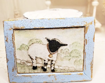 Dollhouse Miniature, Nursery Lamb No.1:2, Handmade Wooden Framed Art