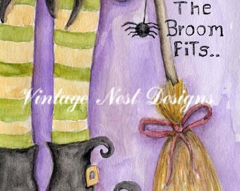 Digital Print, Witch, If the Broom Fits No.1, Watercolor Painting