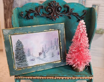 Dollhouse Miniature, Winter Scene No.4, Handmade Wooden Framed Art