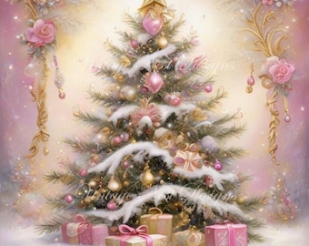Digital Print, Victorian Pink Christmas Tree No.1, Illustration