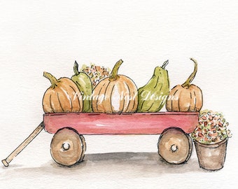 Digital Print, Red Wagon & Pumpkins No.1, Watercolor Painting
