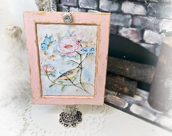 Dollhouse Miniature, Bird Nest Roses No.5:2, Handmade Wooden Framed Art