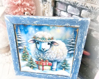 Dollhouse Miniature, Christmas Ewe No.5:1, Handmade Wooden Framed Art