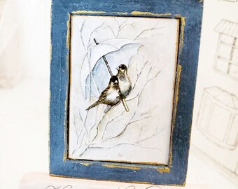 Dollhouse Miniature, Winter Snow Birds No.1:2, Handmade Wooden Framed Art