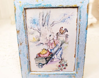 Dollhouse Miniature, Bunny in Cart No.1:1, Handmade Wooden Framed Art