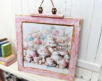 Dollhouse Miniature, Pastel Sweets No.1:1, Handmade Wooden Framed Art
