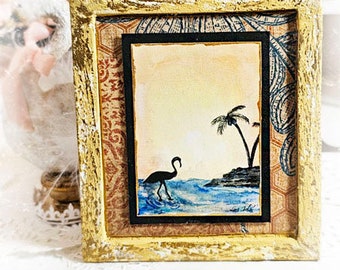 Dollhouse Miniature, Flamingo Sunset No.1:1, Handmade Wooden Framed Miniature