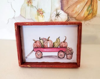 Dollhouse Miniature, Pumpkins Red Wagon No.1:2, Handmade Wooden Framed Art