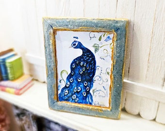 Dollhouse Miniature, Peacock No.1:3, Handmade Framed Art