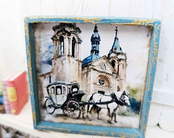 Dollhouse Miniature, Horse and Carriage No.1:1, Handmade Wooden Framed Art