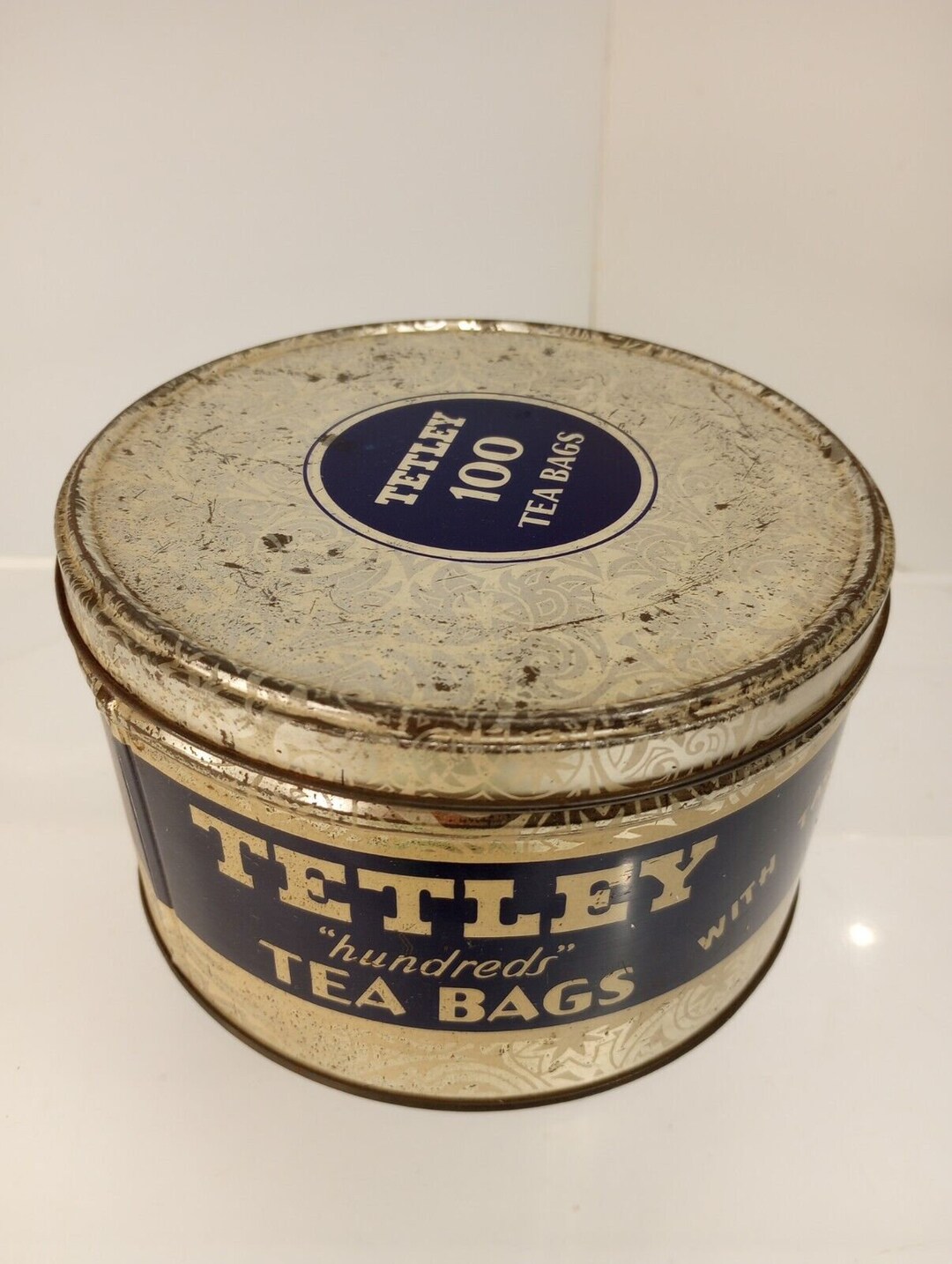 Vintage tetley Tea Bags Round Lidded Tin blue & Silver Etsy