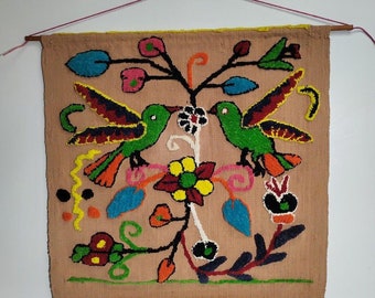 Vintage Canvas Stumpwork Embroidery Plushwork Folk Art Bird Flower Wall Tapestry