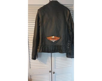 Mens XXL Wilsons Leather Black Biker Jacket W/ Harley Davidson Patch